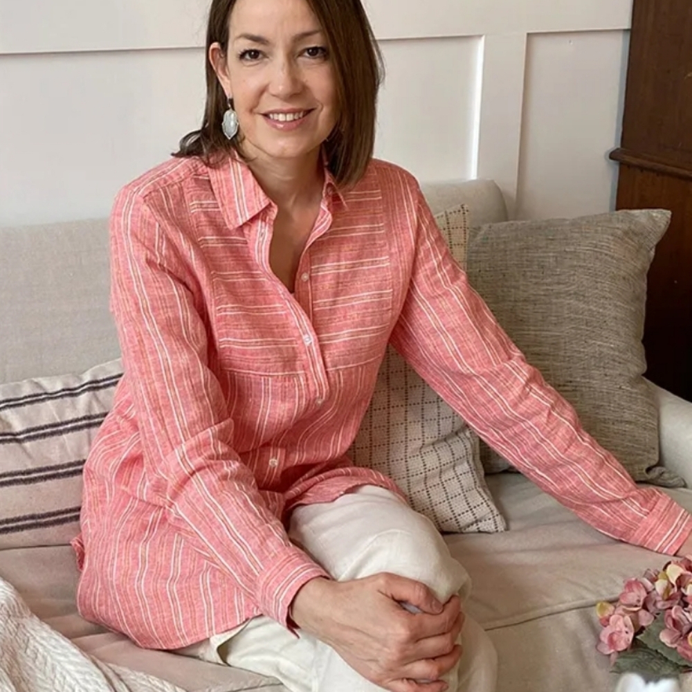 Olsen Coral Pink Striped Button-Front Shirt